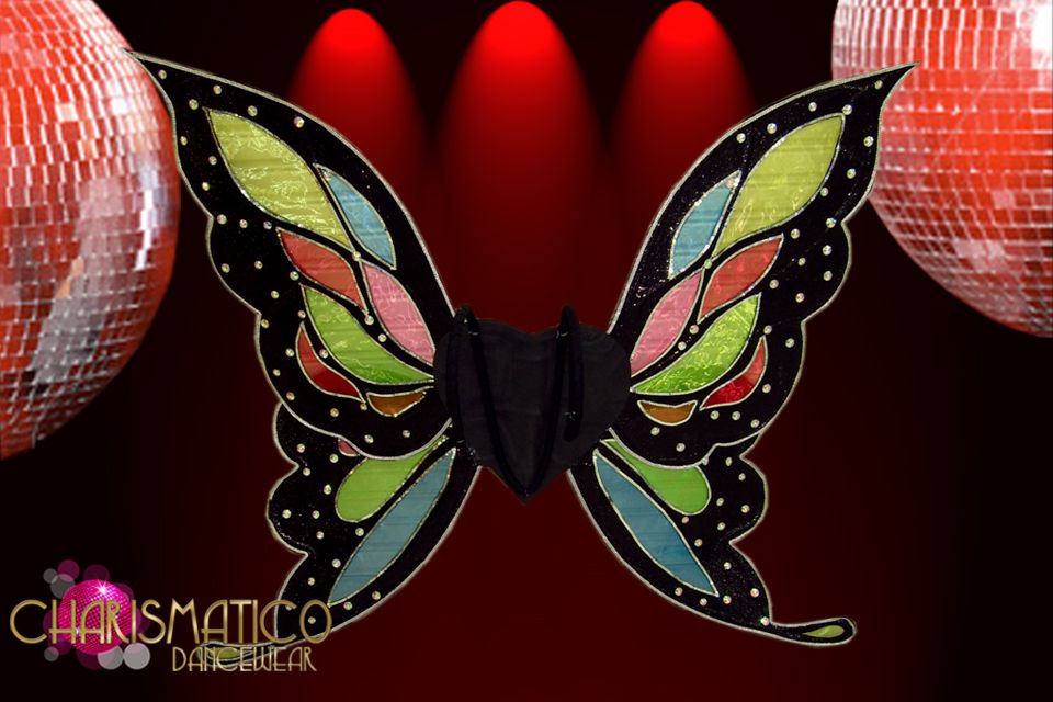 Cabaret Black and Rainbow splotched butterfly backpack with rhinestone