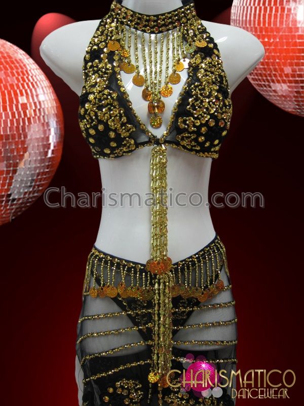 Charismatico Gold Bead Accent Sheer Black Belly Dance Costume Includes