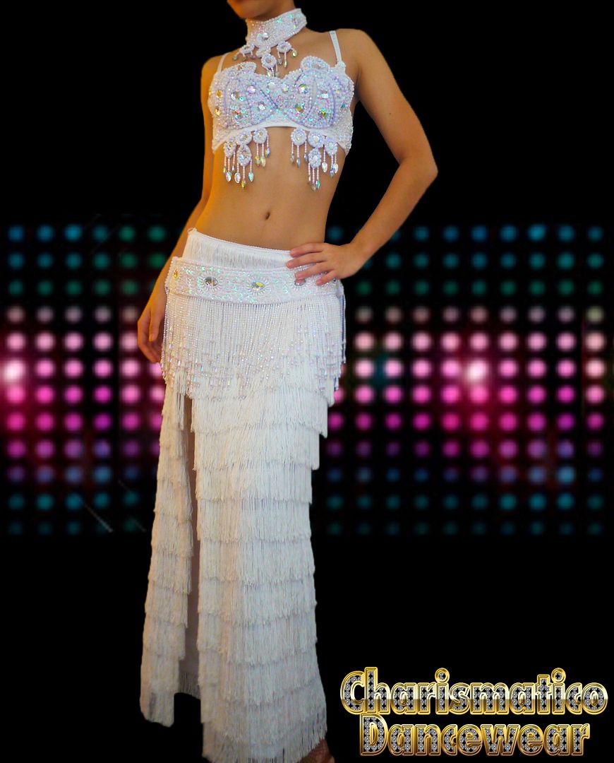 Charismatico White Drag Belly dance beaded bra + belt + Fringe Dance