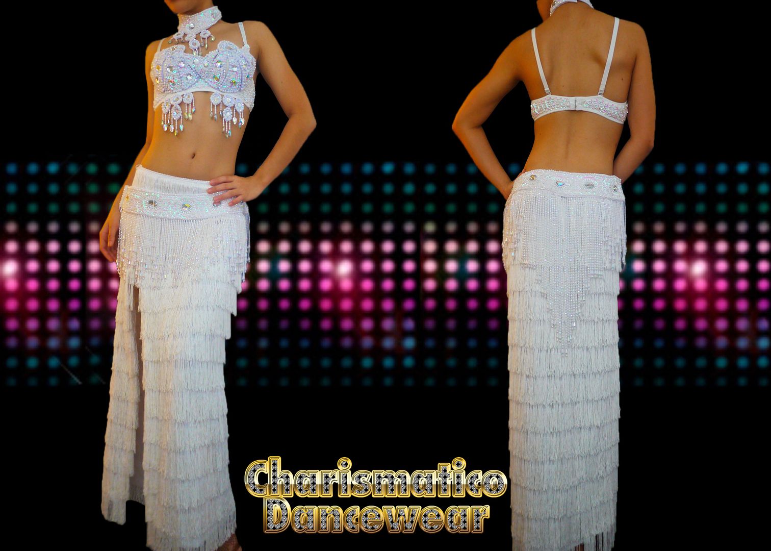 Charismatico White Drag Belly dance beaded bra + belt + Fringe Dance