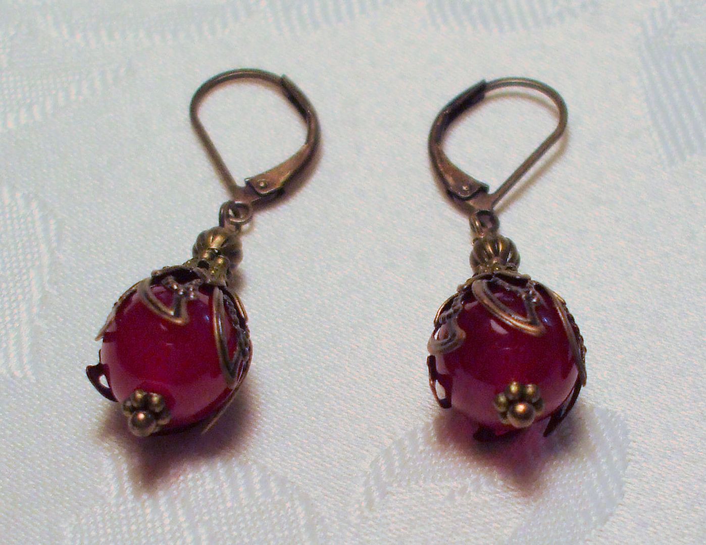 Art Nouveau Victorian Vintage Style Bronze Red Jade Earrings  