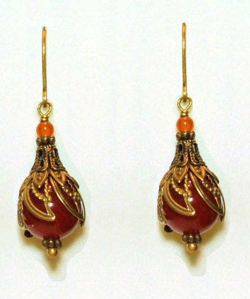 Art Nouveau Victorian Vintage Style Bronze Genuine Carnelian Earrings 