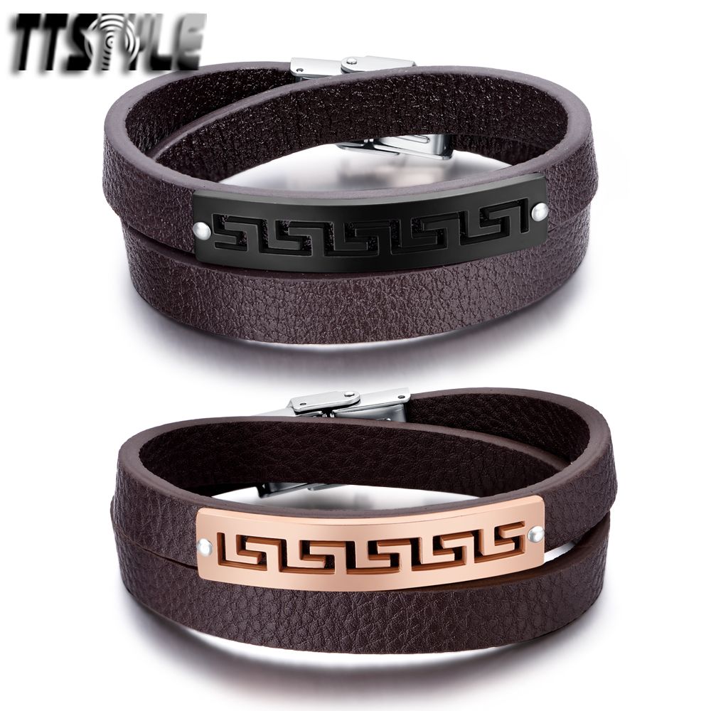 TTstyle Brown Leather 316L Stainless Steel Rose Gold Greek Key Bracelet NEW