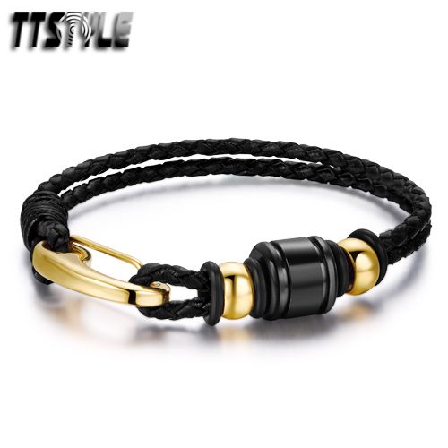 TTStyle Black Leather 316L Stainless Steel Rainbow Clip Bracelet Wristband NEW