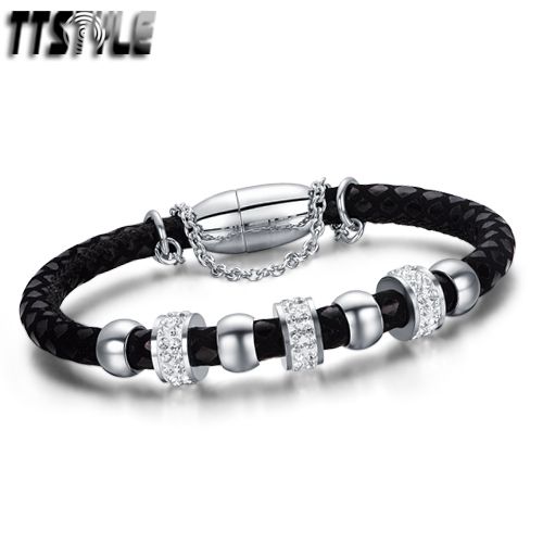 TT S.Steel Crystal Beaded Bracelet Black BR216D NEW