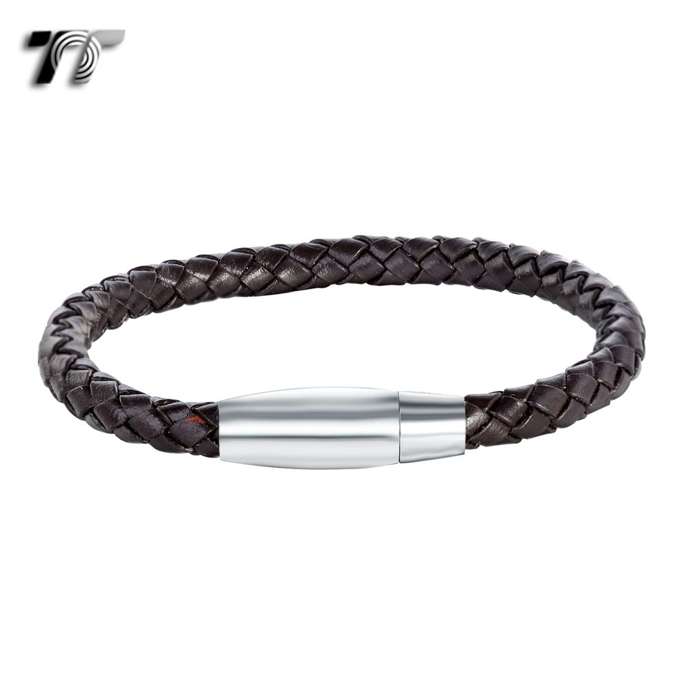 6 T&T Black Leather With S.Steel Magnet Buckle Bangle BR37D