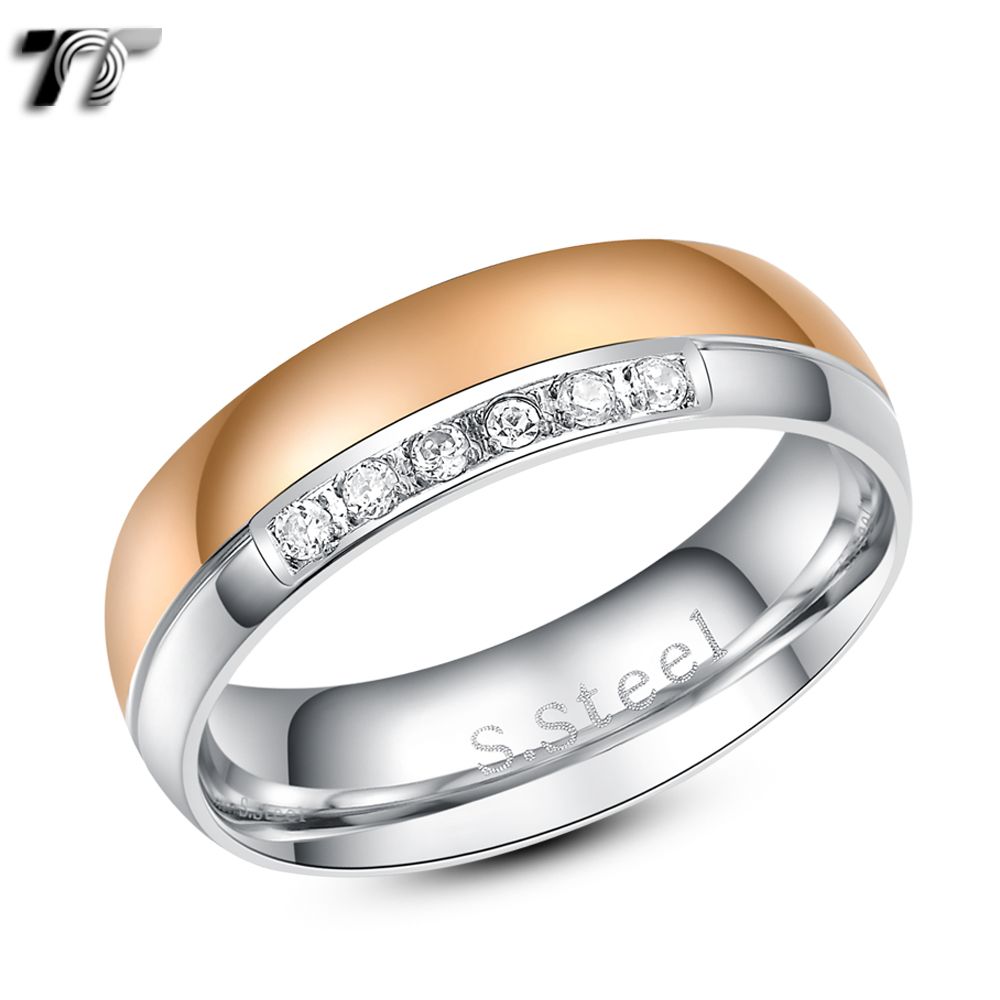 NEW Engagement Stainless Steel 2-Rings For Women Men 2 Tone 4MM Band 1 Clear CZ