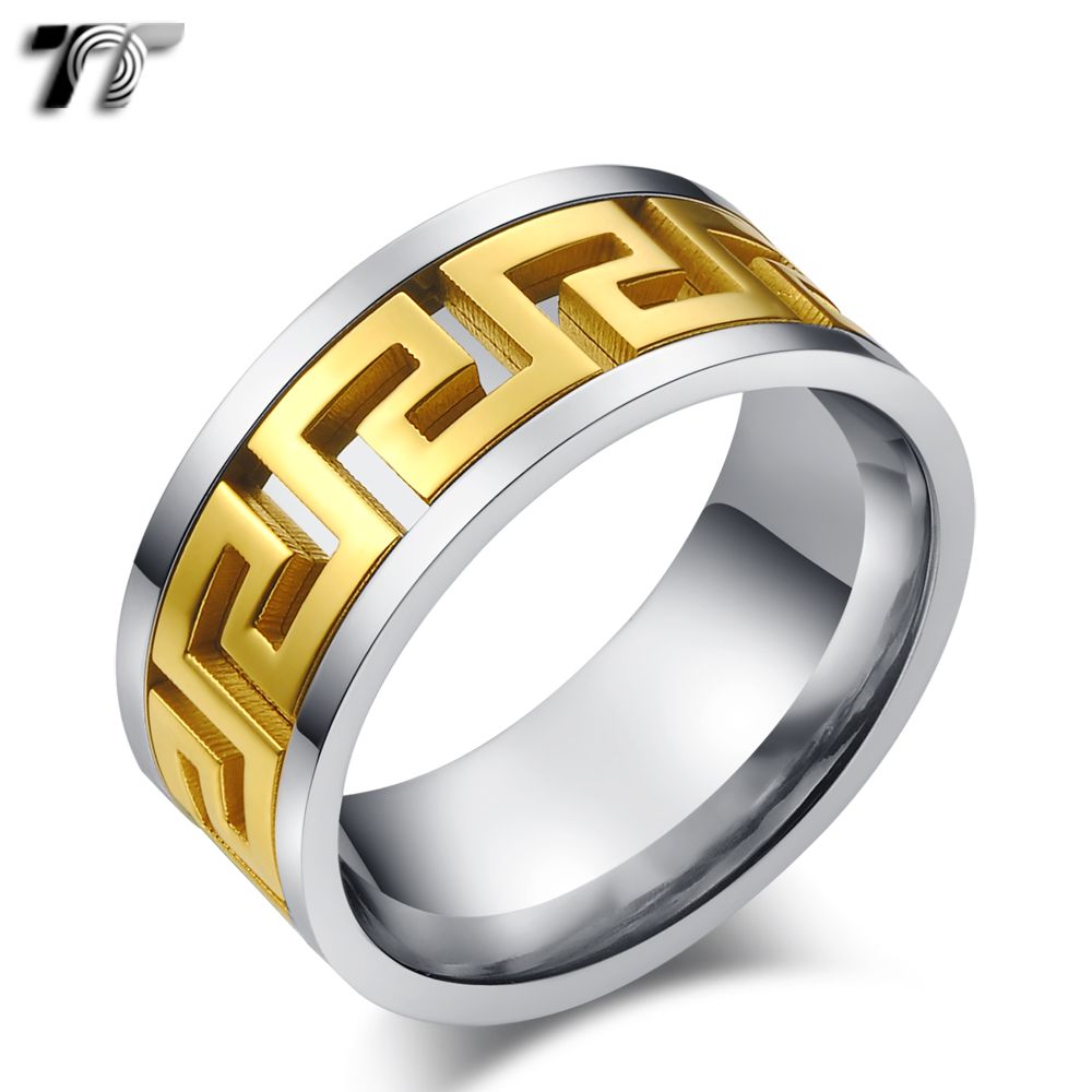 TT Stainless Steel Gold Greek Pattern Inlaid Wedding Band Ring R276 ...