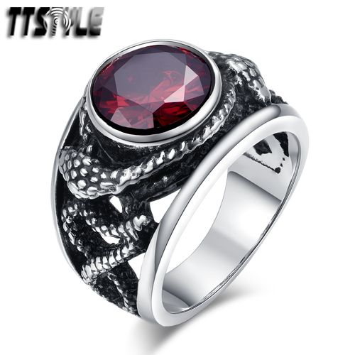Unisex Quality TTstyle 316L S.Steel Twisted Snake Sparking Red CZ Ring NEW