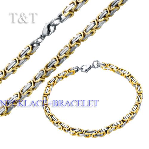   5mm Two Tone Stainless Steel Square Necklace and Bracelet Chain SET