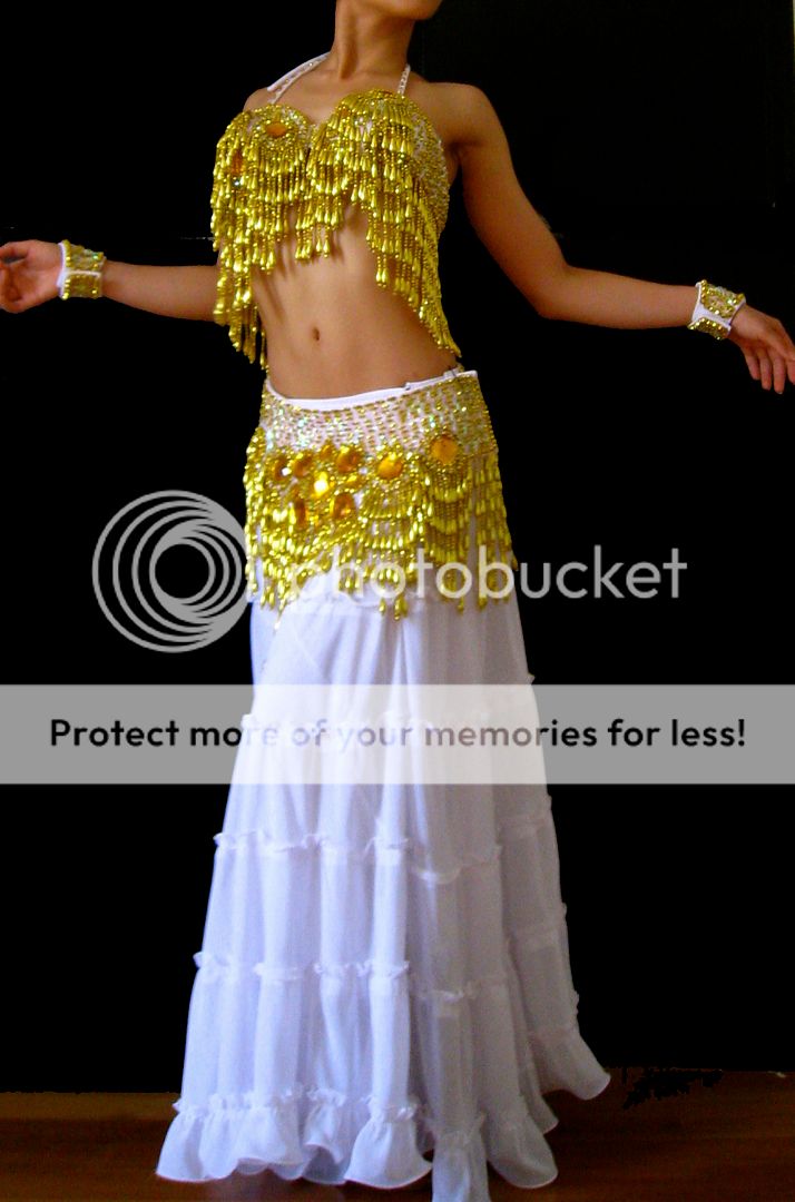 Professional Belly Dance Costume Bra Belt Gold White