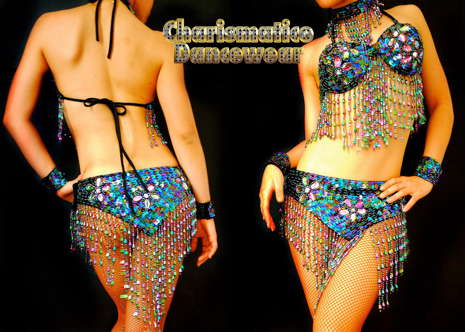 Green Peacock Burslesque Belly Dance Costume Bra Belt
