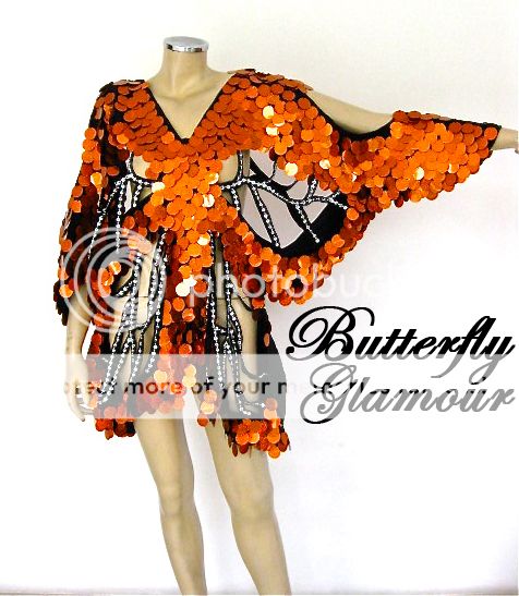 ORANGE Sequin Drag Queen butterfly Halloween GLAM dress  