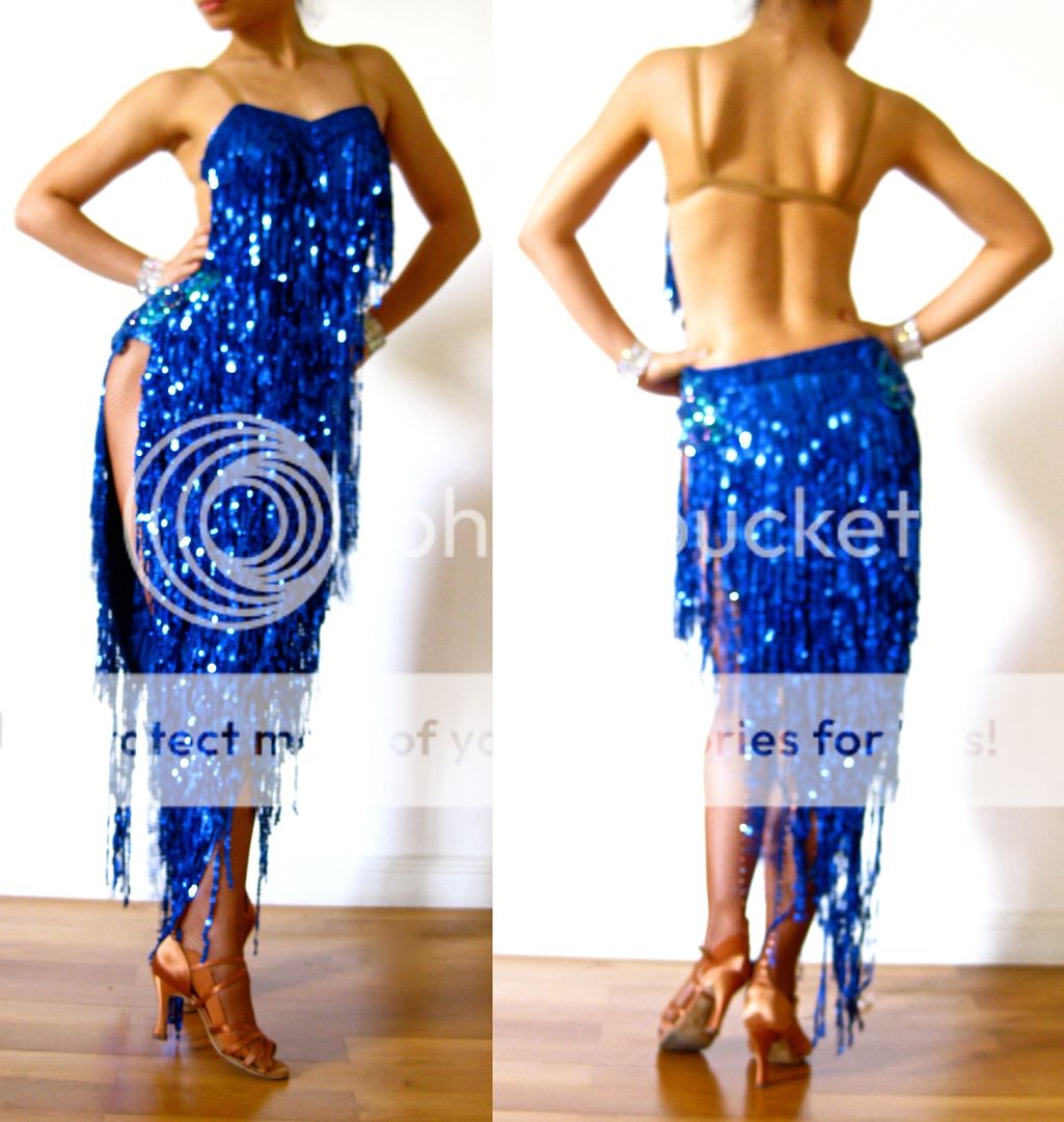 Blue Latin Salsa Rumba Shiny Fringe Pro Dance Dress